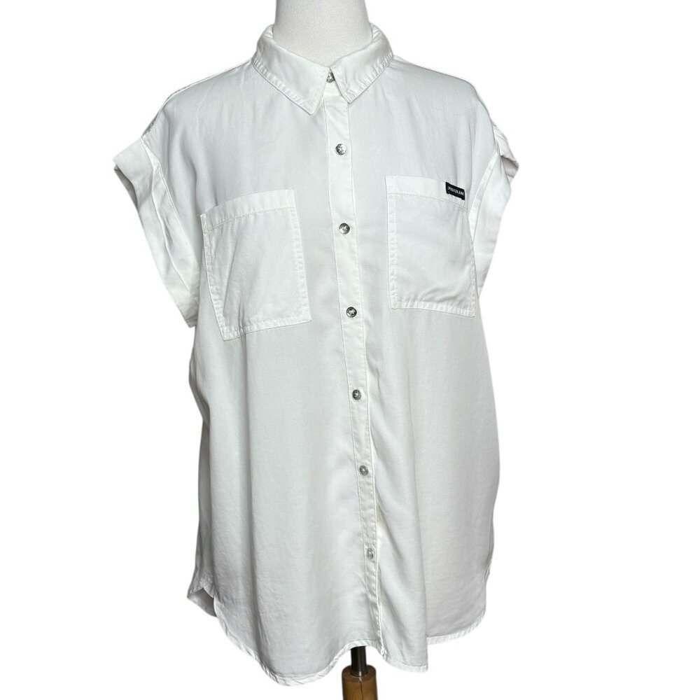 Calvin Klein White Button Front Top Cuffed Sleeve Size Large